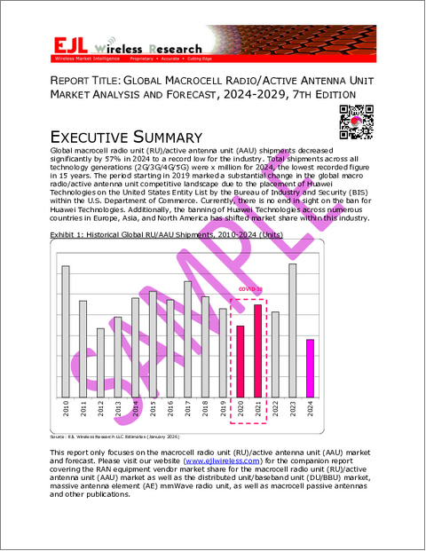 表紙：マクロセル無線ユニット/アクティブアンテナユニット（RU/AAU）の世界市場の分析と予測（2024年～2029年）（第7版）