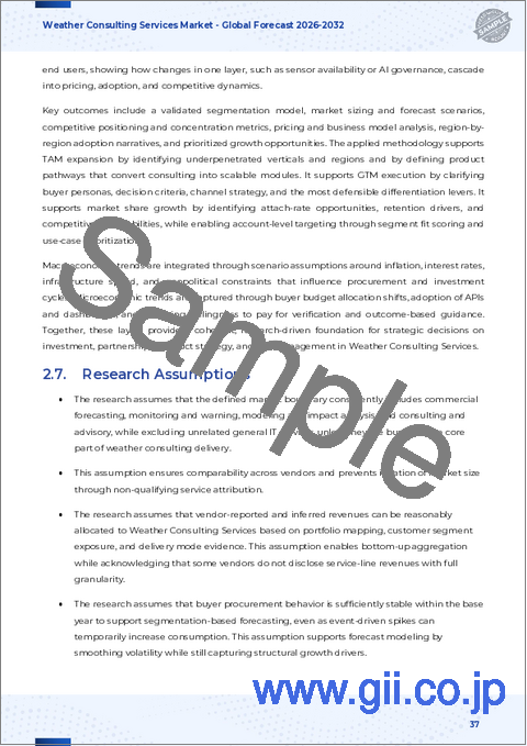 サンプル2：気象コンサルティングサービス市場：サービスタイプ別、導入形態別、用途別、エンドユーザー別- 世界の予測2026-2032年