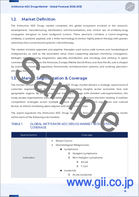 サンプル1：抗腫瘍ADC医薬品市場：適応症別、ペイロード機構別、抗体タイプ別、リンカー技術別、エンドユーザー別- 世界の予測2026-2032年