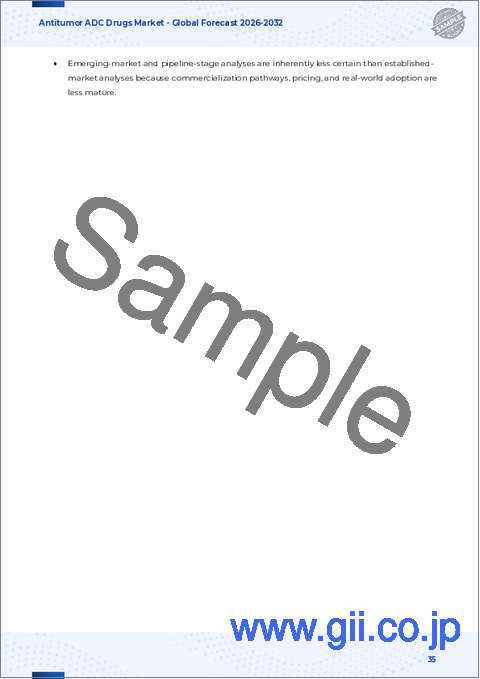 サンプル2：抗腫瘍ADC医薬品市場：適応症別、ペイロード機構別、抗体タイプ別、リンカー技術別、エンドユーザー別- 世界の予測2026-2032年