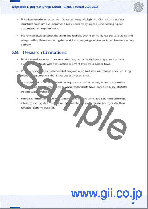 サンプル2：ディスポーザブル遮光シリンジ市場：タイプ別、材料別、容量別、包装別、用途別、エンドユーザー別、流通チャネル別 - 2026年～2032年の世界予測