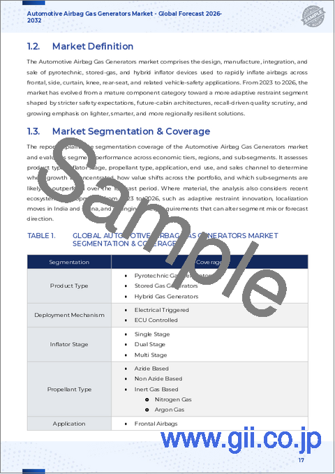 サンプル1：自動車用エアバッグガス発生器市場：製品タイプ別、展開機構別、車種別、用途別、最終用途別－2026-2032年世界予測