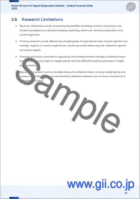 サンプル2：ポイント・オブ・ケアまたは迅速診断市場：製品タイプ別、技術別、検体タイプ別、用途別、エンドユーザー別－世界の予測2026-2032年
