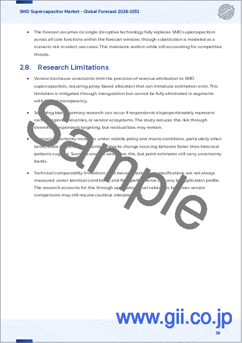 サンプル2：SMDスーパーキャパシタ市場：電圧範囲別、製品タイプ別、電解質タイプ別、販売チャネル別、用途別、エンドユーザー産業別－2026-2032年 世界予測