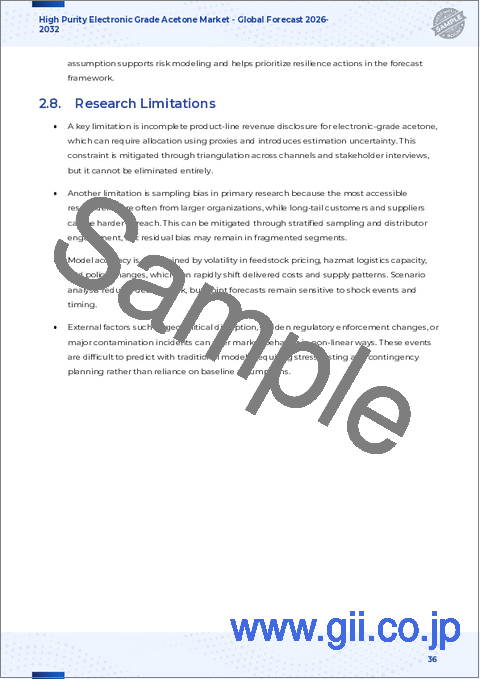 サンプル2：高純度電子グレードアセトン市場：純度レベル別、包装形態別、供給源別、用途別、最終用途産業別、流通チャネル別－2026-2032年 世界予測