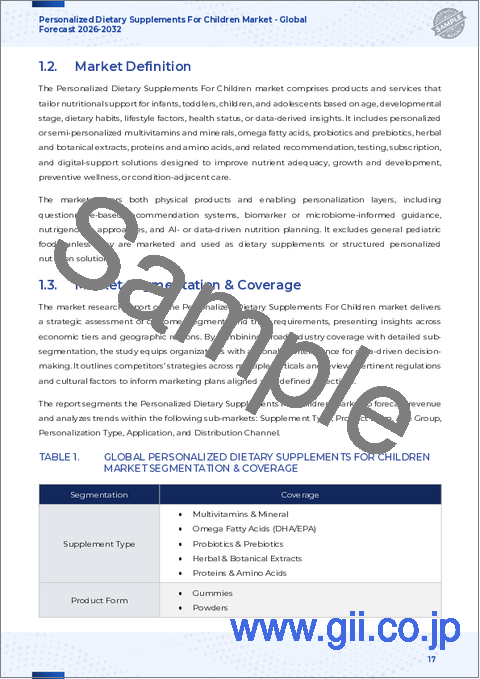 サンプル1：子供用パーソナライズドサプリメント市場：サプリメントタイプ、製品形態、年齢層、流通チャネル別、世界予測、2026年～2032年