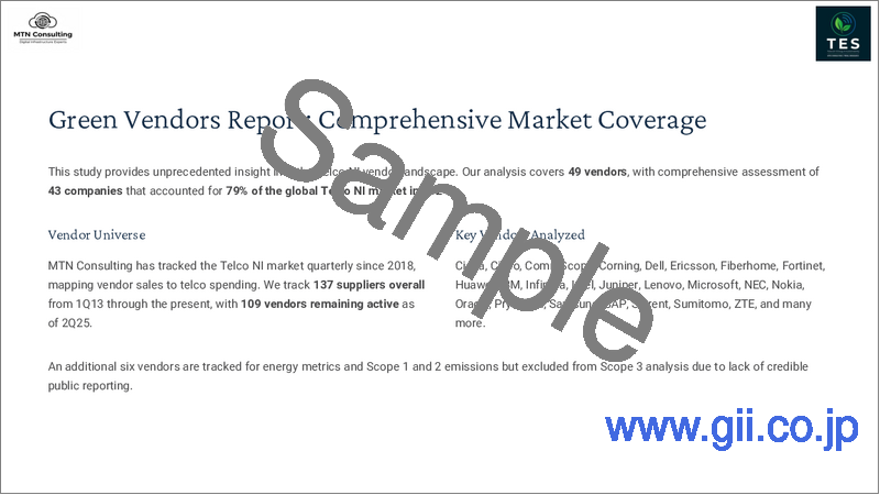 サンプル2：通信業界で最も環境に配慮したベンダー：Ciena、Cisco、Ericsson、Nokiaが先行し、中国系ベンダーと光ファイバー関連サプライヤーは遅れ - ベンダーの環境対策の進展が遅いため、通信事業者はスコープ3排出量の高止まりを余儀なくされており、調達システムの見直しが求められている