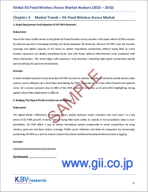サンプル1：5G固定無線アクセスの世界市場規模、シェア、業界分析レポート（提供別、人口統計別、アプリケーション別、動作周波数別、地域別展望・予測、2025年～2032年）
