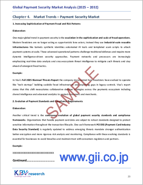 サンプル1：決済セキュリティの世界市場規模、シェア、業界分析レポート：組織規模別、プラットフォーム別、ソリューションタイプ別、エンドユーザー業界別、地域別展望・予測、2025年～2032年