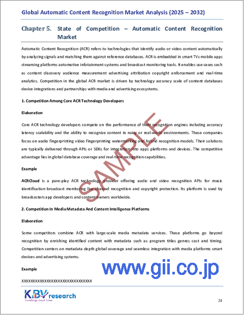 サンプル1:自動コンテンツ認識の世界市場規模、シェア、業界分析レポート(ソリューション別、コンポーネント別、技術別、エンドユーザー産業別、地域別展望・予測、2025年~2032年)