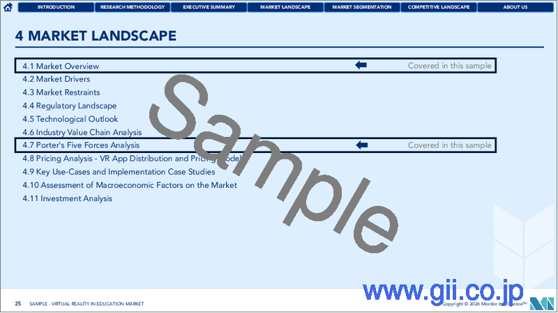 サンプル2：教育におけるバーチャルリアリティ：市場シェア分析、業界動向と統計、成長予測（2026年～2031年）