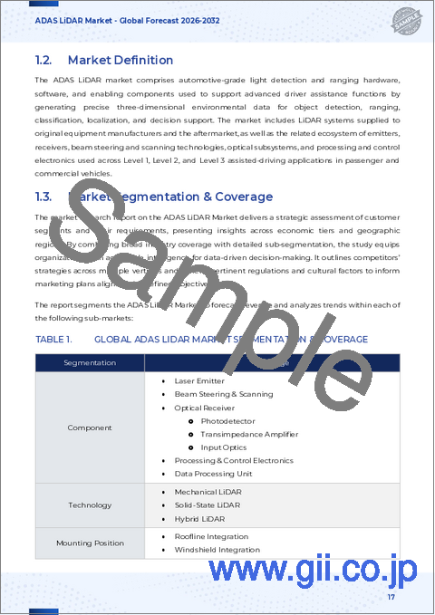 サンプル1：ADAS向けLiDAR市場：LiDAR技術、動作距離、パワートレイン、最終用途、出力次元、用途、ADASレベル別、世界予測、2026年～2032年