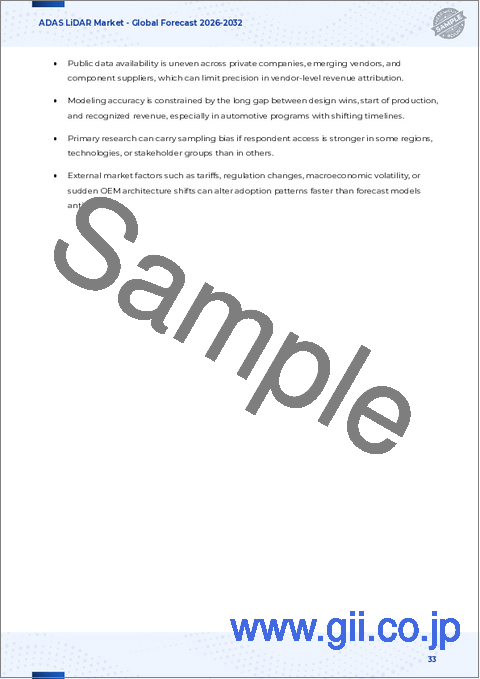 サンプル2：ADAS向けLiDAR市場：LiDAR技術、動作距離、パワートレイン、最終用途、出力次元、用途、ADASレベル別、世界予測、2026年～2032年