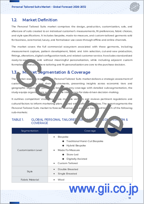 サンプル1:個人向け仕立てスーツ市場:用途、素材タイプ、スタイル、流通チャネル、性別別、世界予測、2026年~2032年