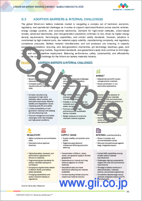 サンプル2：リチウムイオン電池材料の世界市場：電池化学別、材料別、用途別、地域別 - 予測（～2030年）