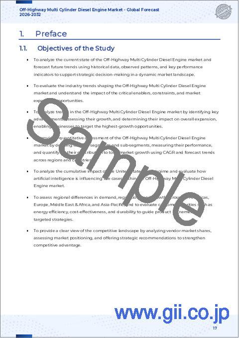 サンプル1：オフハイウェイ多気筒ディーゼルエンジン市場：出力範囲、シリンダー構成、燃料噴射タイプ、ターボチャージャータイプ、排出基準、冷却システム、用途別、世界予測、2026年～2032年