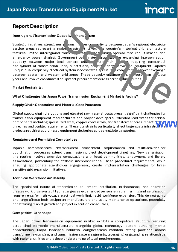 サンプル1：日本の電力送電設備市場の規模、シェア、動向および予測：設備タイプ別、電圧レベル別、用途別、地域別（2026年～2034年）