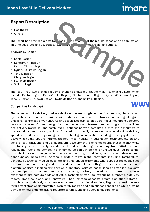 サンプル1：日本のラストマイル配送市場規模、シェア、動向および予測：サービスタイプ別、技術別、用途別、地域別、2026-2034年