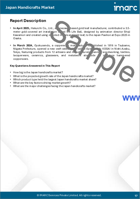サンプル1：日本の手工芸品市場の規模、シェア、動向および予測：製品タイプ別、流通チャネル別、最終用途別、地域別、2026年から2034年