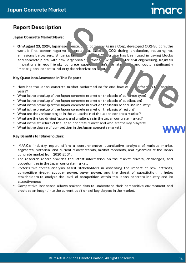 サンプル1：日本のコンクリート市場規模、シェア、動向および予測：コンクリートタイプ別、用途別、最終用途産業別、地域別、2026-2034年