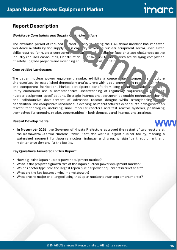 サンプル1：日本の原子力発電設備市場規模、シェア、動向および予測：原子炉タイプ別、設備タイプ別、地域別、2026-2034年