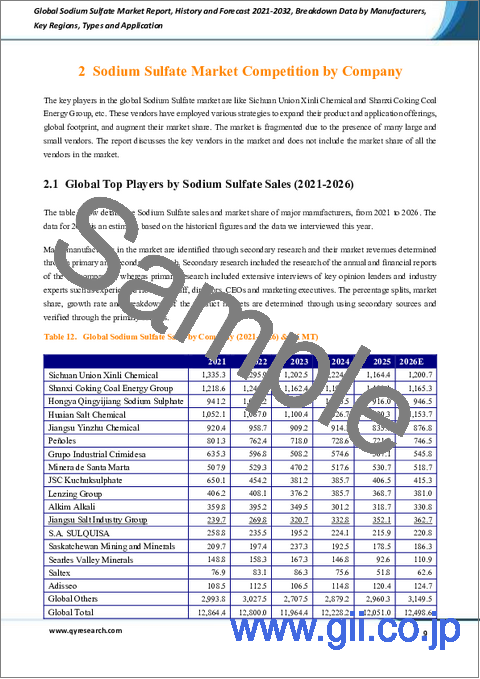 サンプル1：硫酸ナトリウムの世界市場レポート、実績と予測、2021年～2032年