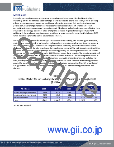 サンプル1：イオン交換材料：各種技術と世界市場