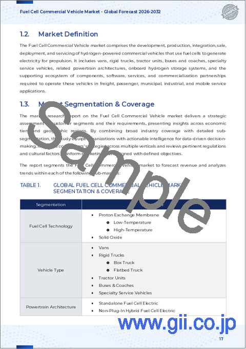 サンプル1：燃料電池商用車市場：技術別、出力別、コンポーネントタイプ別、車種別、用途別、世界予測、2026年～2032年