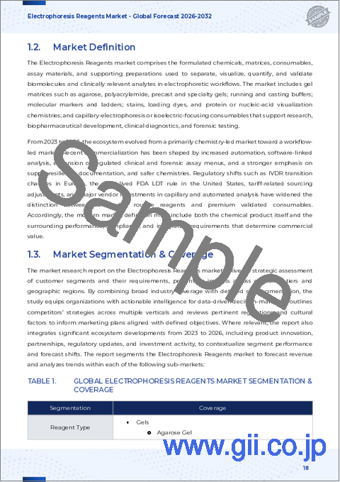 サンプル1：電気泳動試薬市場：試薬の種類、用途、技術、エンドユーザー、形態別―2026年～2032年の世界市場予測