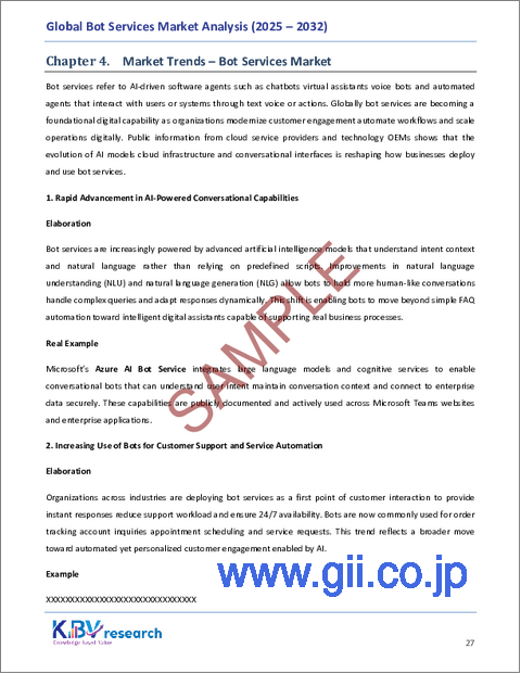 サンプル1：ボットサービスの世界市場規模、シェア、業界分析レポート：導入チャネル別、組織規模別、製品タイプ別、エンドユーザー業界別、地域別展望および予測、2025年～2032年
