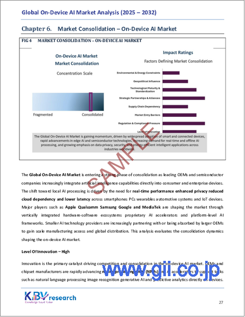 サンプル1：オンデバイスAIの世界市場規模、シェア、業界分析レポート：コンポーネント別、技術別、展開別、デバイス別、業種業界別、地域別の展望と予測、2025年～2032年