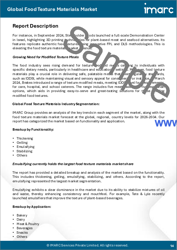 サンプル1：食品テクスチャー素材市場レポート：機能別、用途別、地域別（2026年～2034年）
