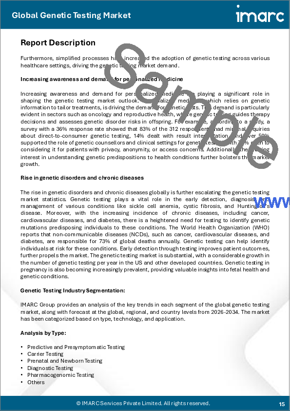サンプル1：遺伝子検査市場の規模、シェア、動向および予測：種類、技術、用途、地域別、2026年～2034年