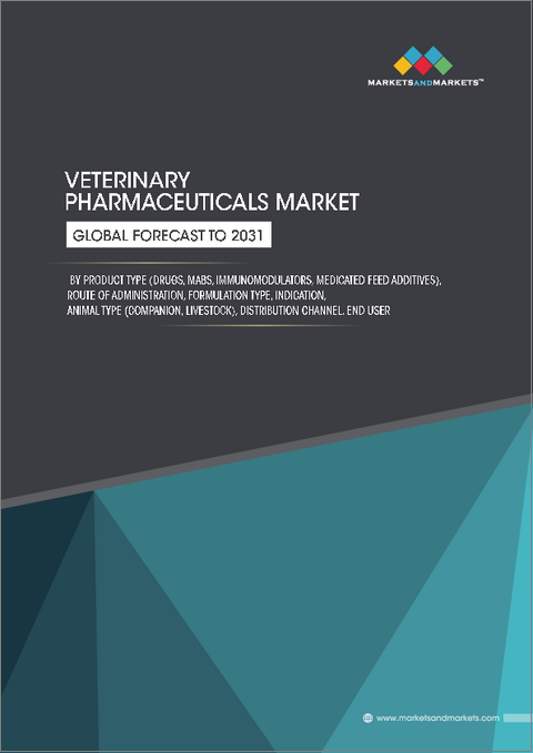 表紙：動物用医薬品の世界市場 (～2031年)：製品 (医薬品・モノクローナル抗体・免疫調節剤・薬用飼料添加物)・投与経路・剤形・適応症・動物区分 (伴侶動物・家畜)・流通チャネル・エンドユーザー別