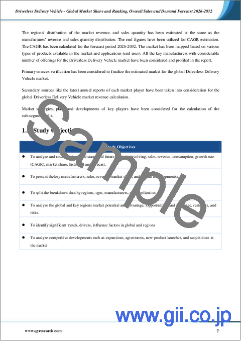 サンプル1:無人配送車両- 世界の市場シェアとランキング、2026年から2032年までの総売上高および需要予測