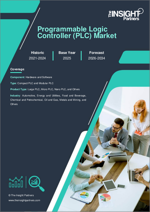 表紙：プログラマブル・ロジック・コントローラ（PLC）市場規模および予測（2021年～2034年）：世界および地域別シェア、動向、成長機会の分析　レポートの分析範囲：構成部品別、種類別、製品タイプ別、産業別、地域別