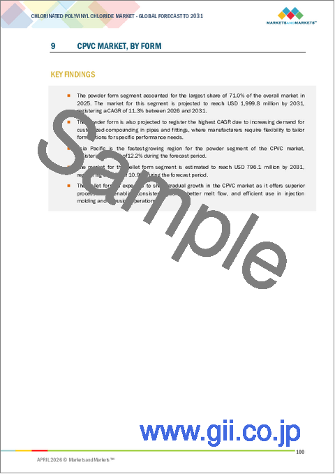 サンプル2：塩素化ポリ塩化ビニル（CPVC）の世界市場：形状別、グレード別、生産プロセス別、販売チャネル別、用途別、最終用途産業別、地域別 - 予測（～2031年）