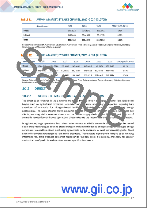 サンプル2：アンモニアの世界市場：タイプ別、販売チャネル別、最終用途産業別、地域別 - 予測（～2031年）