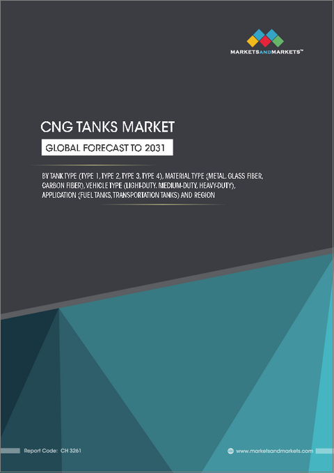 表紙：CNGタンクの世界市場 (～2031年)：タンクタイプ (タイプ1・タイプ2・タイプ3・タイプ4)・材質 (金属・ガラス繊維・炭素繊維)・車両タイプ (小型車・中型車・大型車)・用途 (燃料タンク・輸送用タンク)・地域別